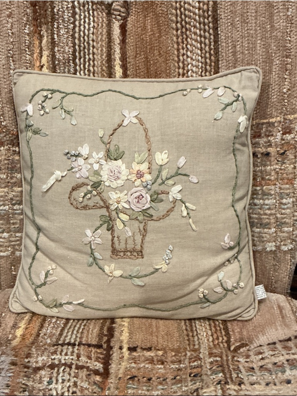Embroidered Floral Basket Throw Pillow in Beige
